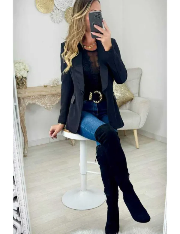 My Look Féminin Blazer noir classique col satiné Discount