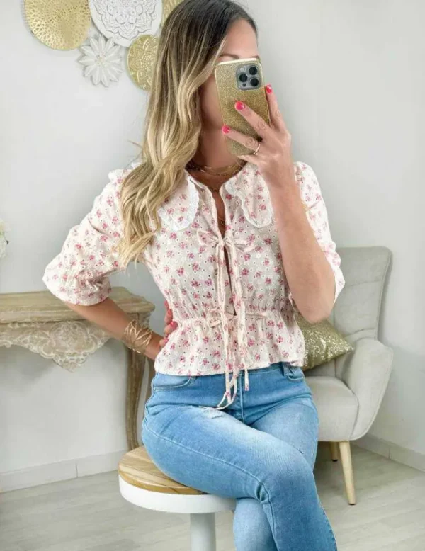 My Look Féminin blouse rose pale et fleurie col claudine New