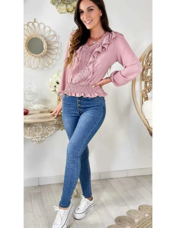 My Look Féminin Blouse rose pâle smockée "volants et broderies" New