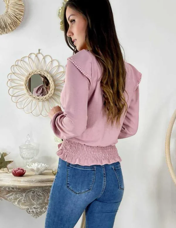My Look Féminin Blouse rose pâle smockée "volants et broderies" New