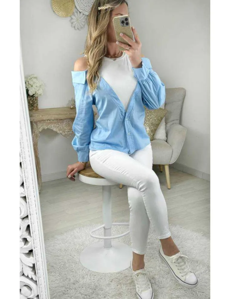 chemisier_bleu_ciel_effet_0.webp My Look Féminin chemisier bleu ciel effet deux pièces Clearance