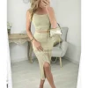 My Look Féminin ensemble doré top court jupe fendue Fashion