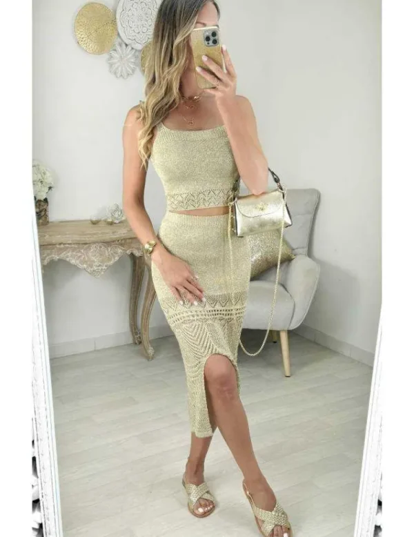 My Look Féminin ensemble doré top court jupe fendue Fashion