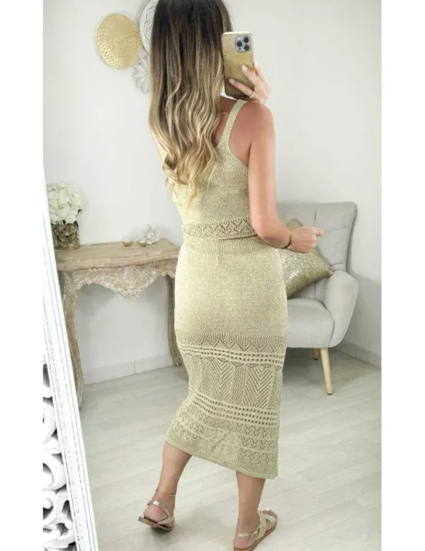 My Look Féminin ensemble doré top court jupe fendue Fashion