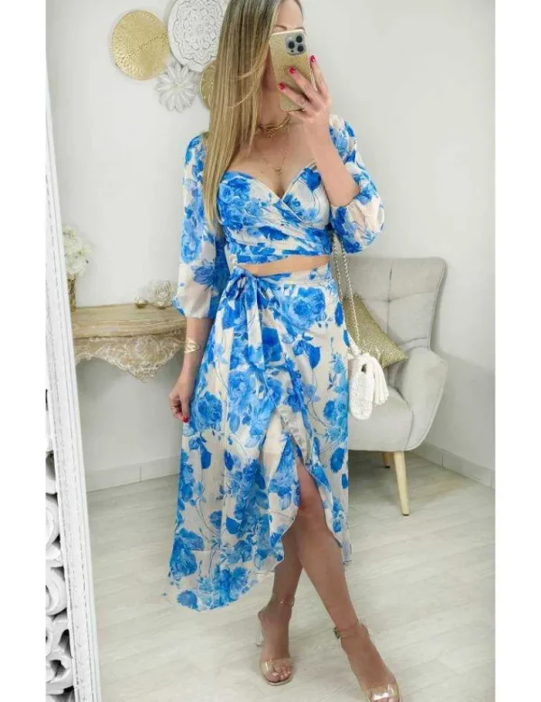 My Look Féminin ensemble en voilage fleuri bleu New