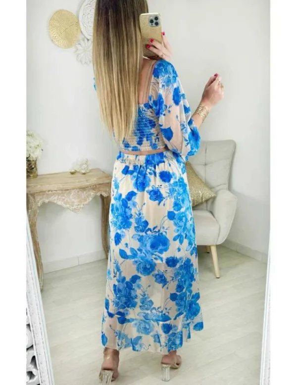 My Look Féminin ensemble en voilage fleuri bleu New