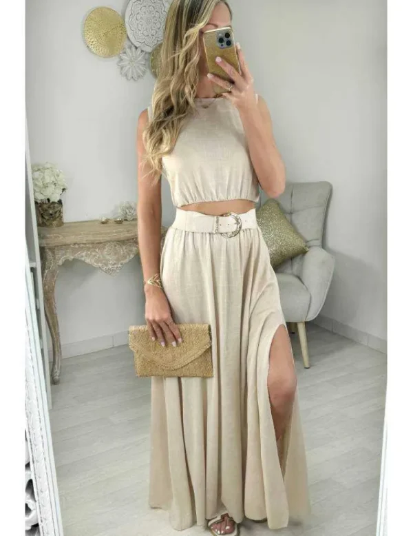 My Look Féminin ensemble style lin beige top et jupe Online