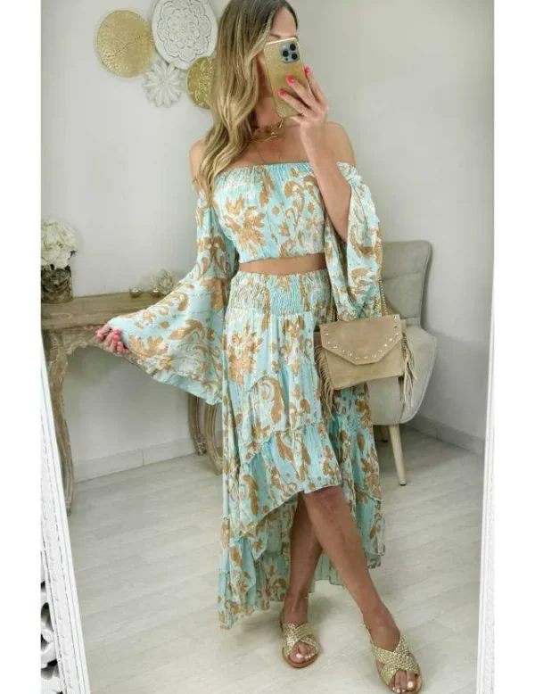 My Look Féminin ensemble top et jupe bohême turquoise camel Discount