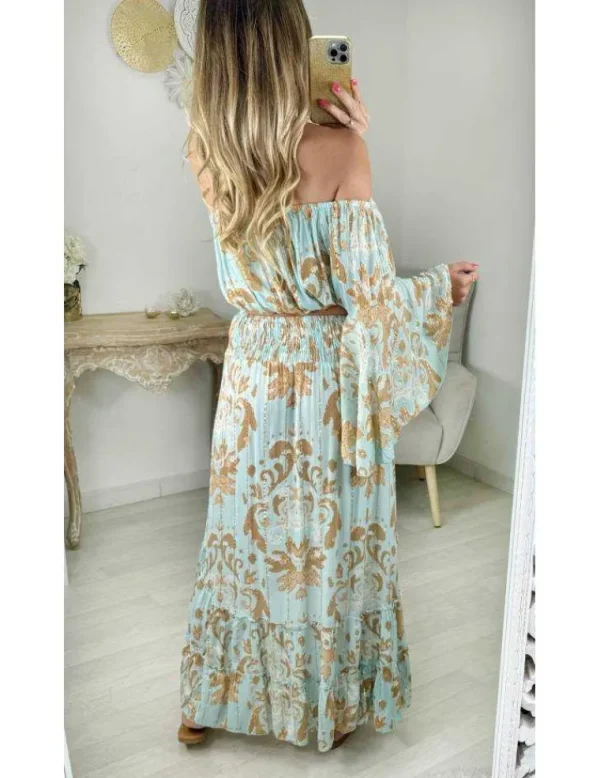 My Look Féminin ensemble top et jupe bohême turquoise camel Discount