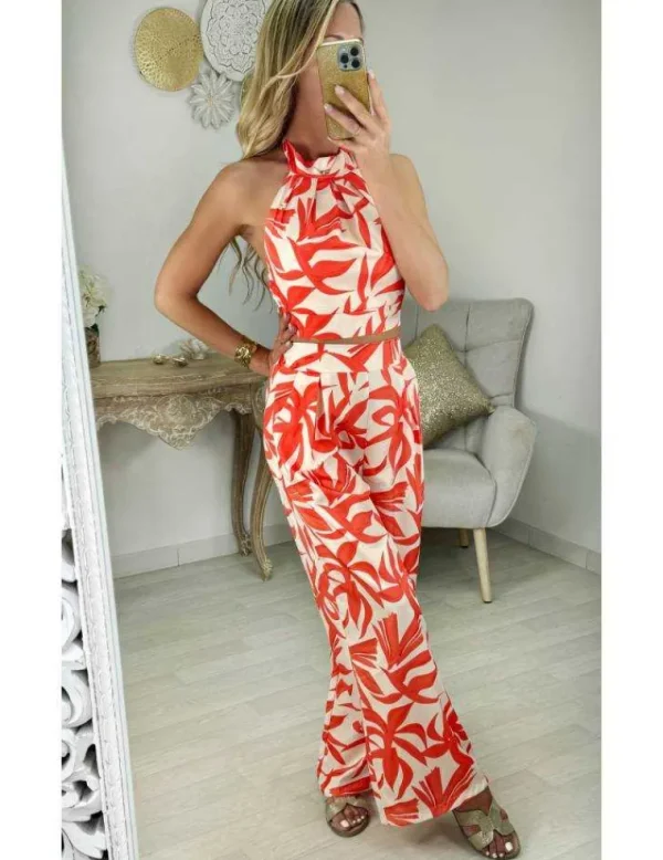 My Look Féminin ensemble top noué pantalon motifs orange New
