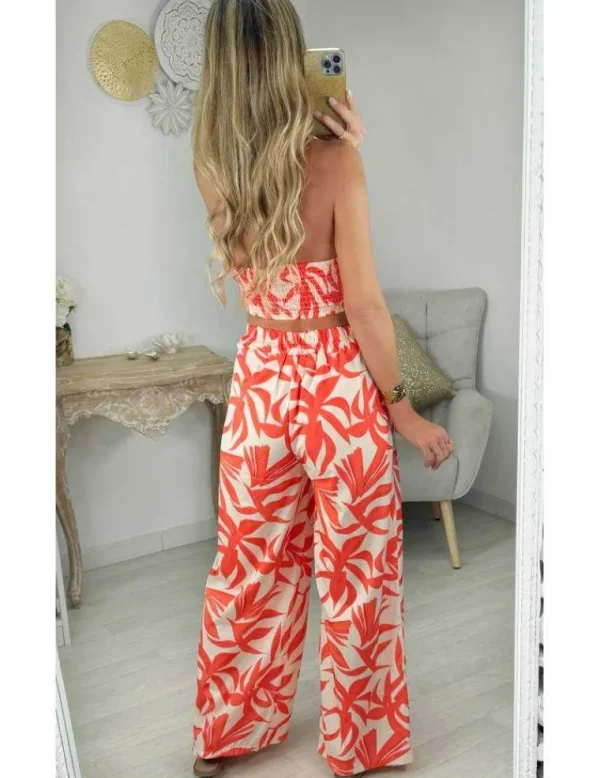 My Look Féminin ensemble top noué pantalon motifs orange New