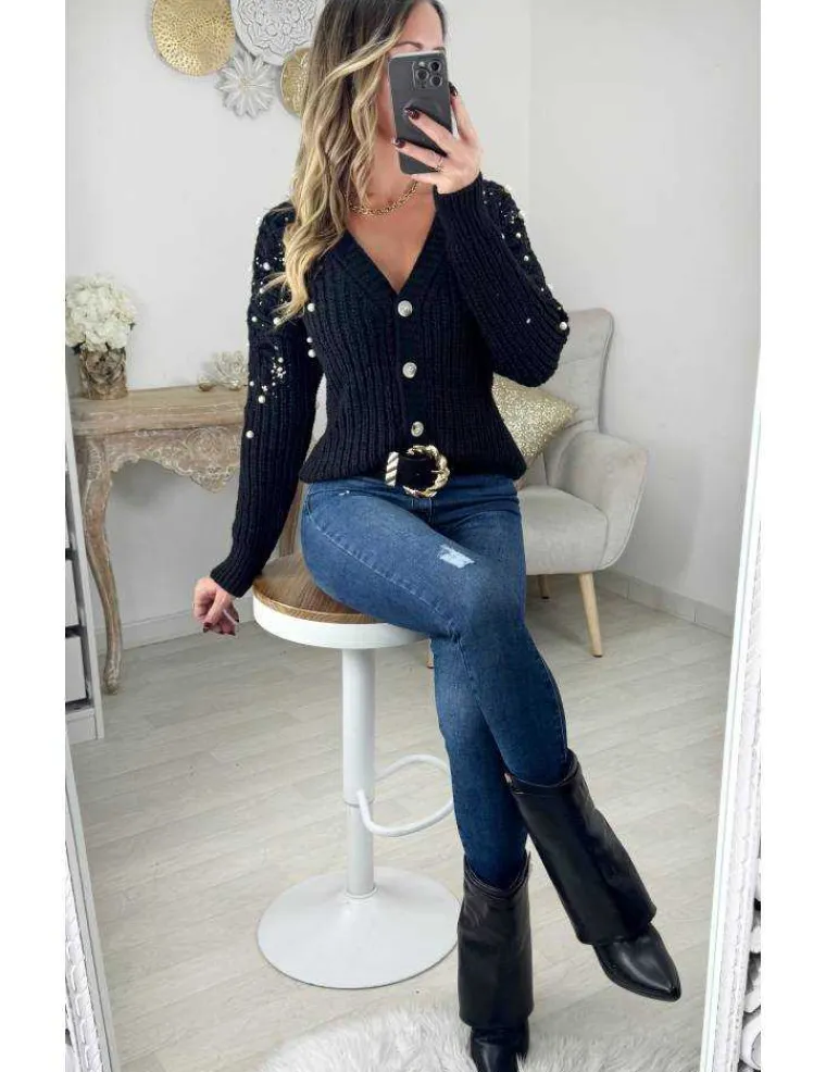 gilet_en_maille_paisse_no_0.webp My Look Féminin Gilet en maille épaisse noir "perles & sequins" Outlet