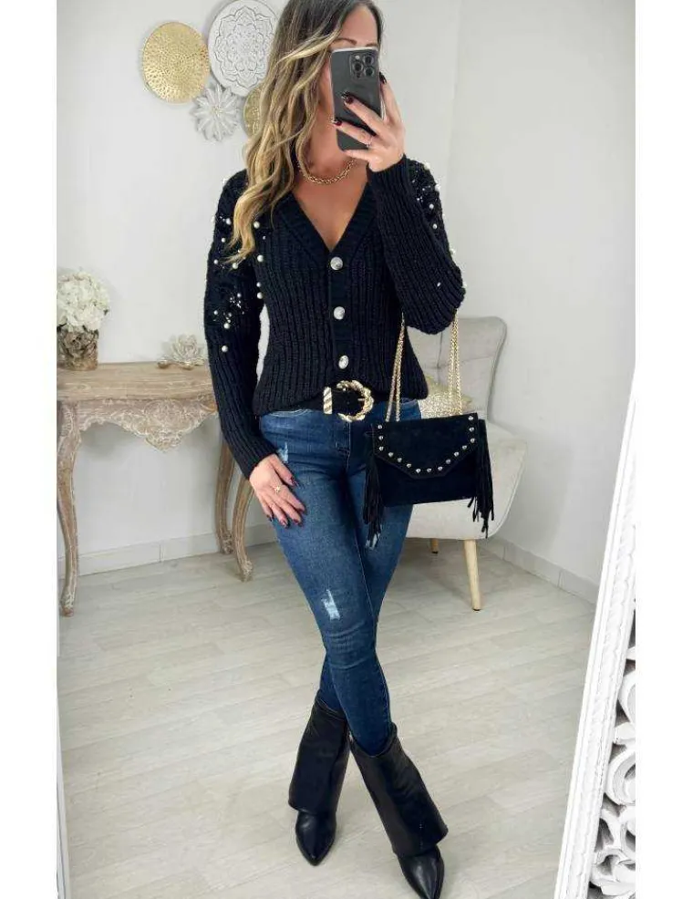 gilet_en_maille_paisse_no_1.webp My Look Féminin Gilet en maille épaisse noir "perles & sequins" Outlet