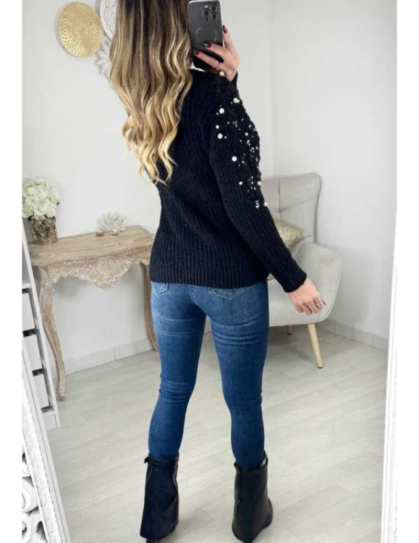 My Look Féminin Gilet en maille épaisse noir "perles & sequins" Outlet