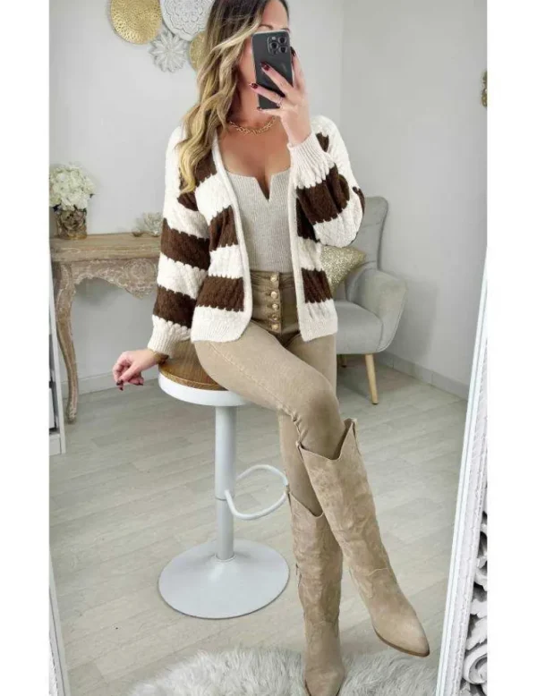 My Look Féminin Gilet en maille rayé beige & choco Discount