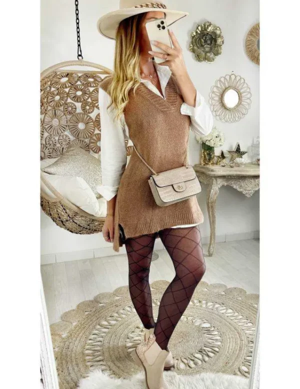 My Look Féminin Joli pull taupe sans manches et col V Clearance