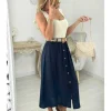 My Look Féminin jupe boutonnée bleu marine & sa ceinture New