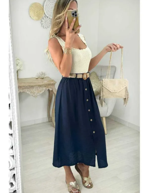 My Look Féminin jupe boutonnée bleu marine & sa ceinture New