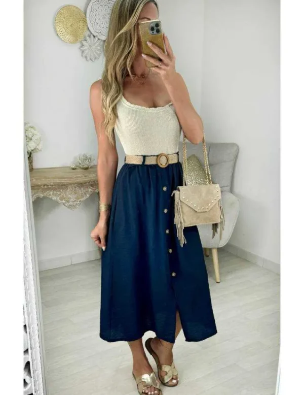 My Look Féminin jupe boutonnée bleu marine & sa ceinture New