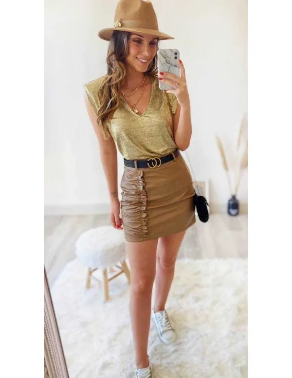 My Look Féminin Jupe camel style cuir ceinture et froncée Clearance
