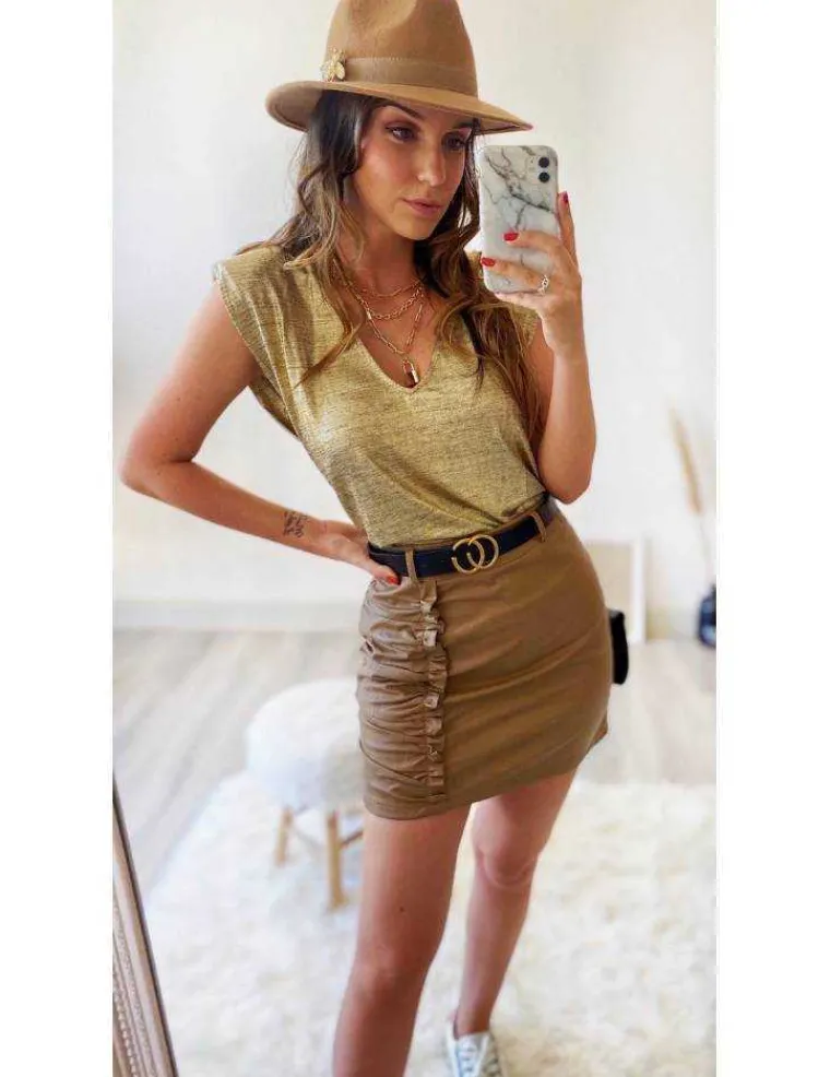 jupe_camel_style_cuir_cei_1.webp My Look Féminin Jupe camel style cuir ceinture et froncée Clearance