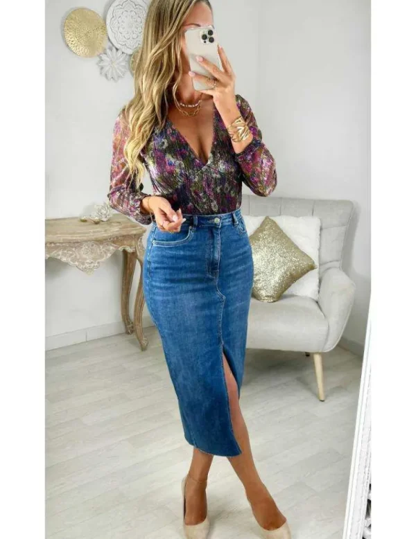 My Look Féminin Jupe Jeans longue fendue Fashion