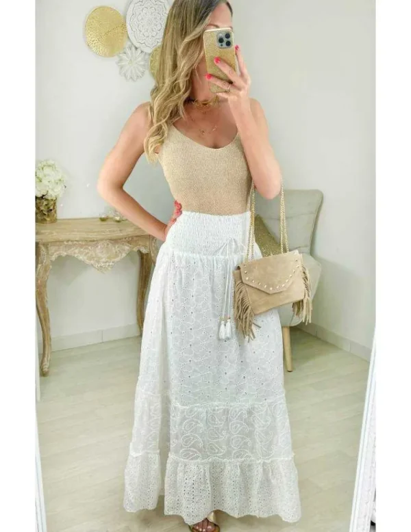 My Look Féminin jupe longue blanche broderie & volants Best