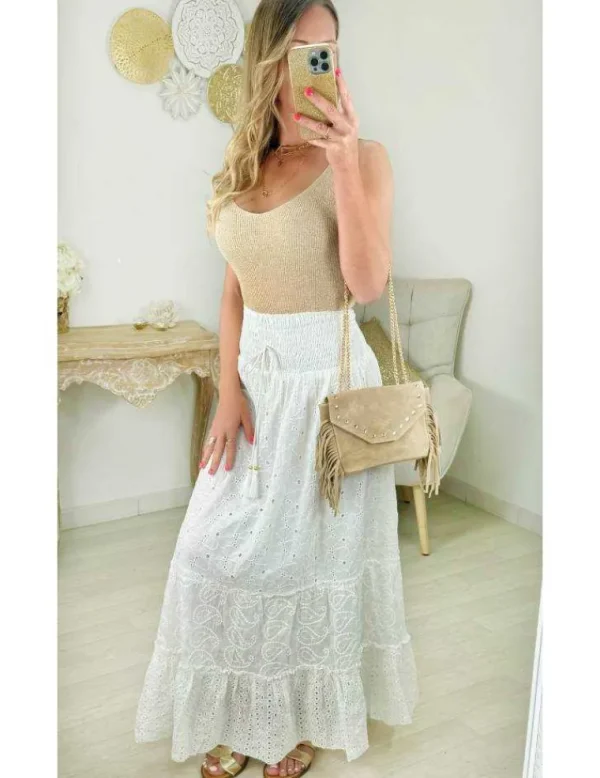 My Look Féminin jupe longue blanche broderie & volants Best