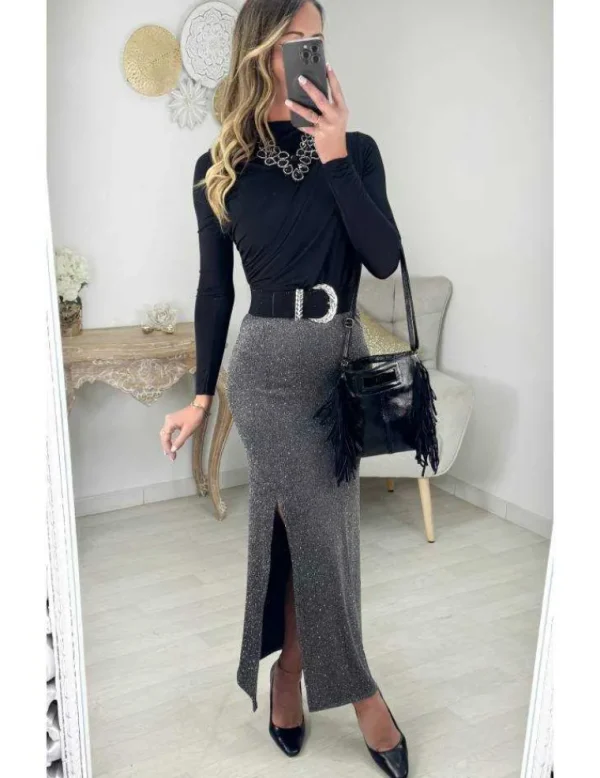 My Look Féminin Jupe longue grise strass and paillette Online