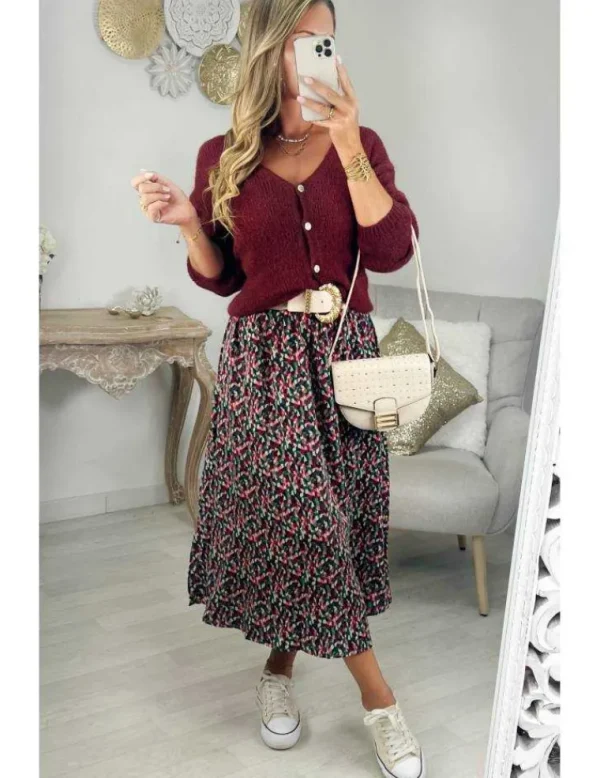 My Look Féminin Jupe longue imprimé vert et rose Clearance
