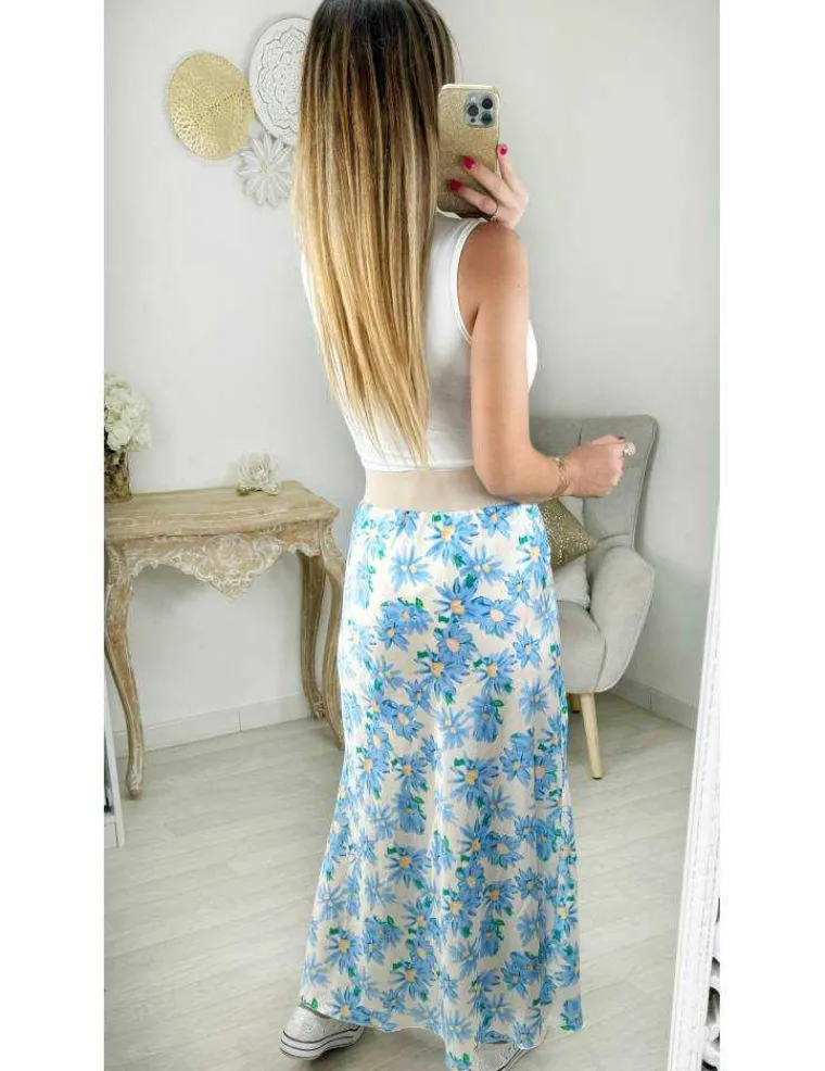 jupe_longue_satine_amp_fl_2.webp My Look Féminin jupe longue satinée & fleurie bleue Clearance