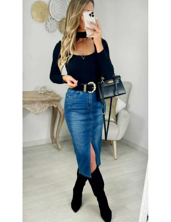 My Look Féminin jupe mi-longue fendue en jeans Clearance