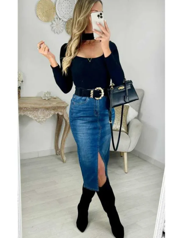 My Look Féminin jupe mi-longue fendue en jeans Clearance