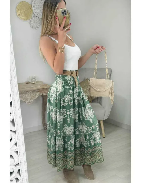 My Look Féminin jupe mi-longue motifs kaki & sa ceinture Clearance