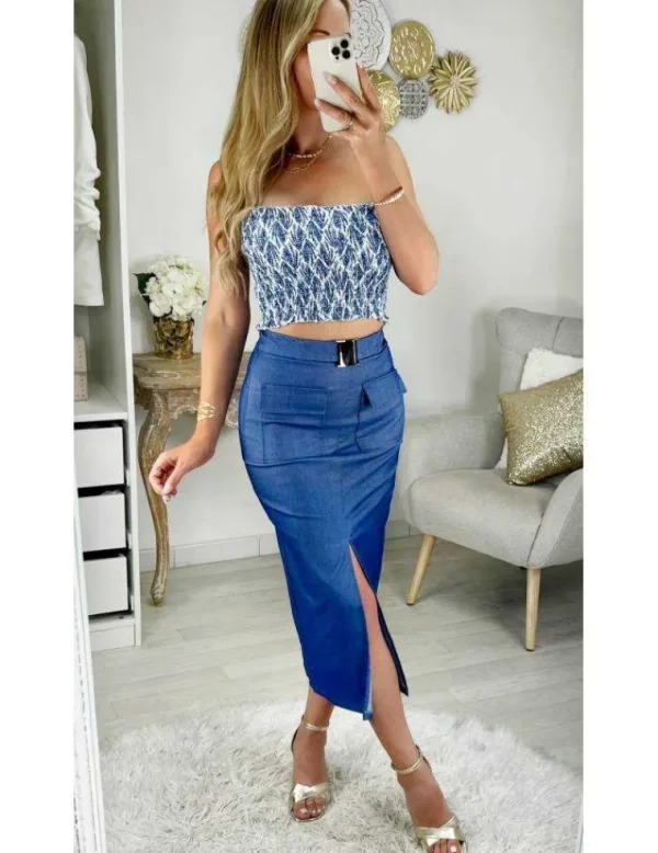 My Look Féminin jupe mi-longue style jeans fendue Outlet