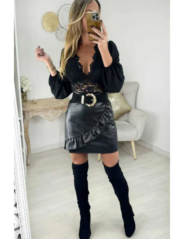 My Look Féminin Jupe noir style cuir et volant Discount