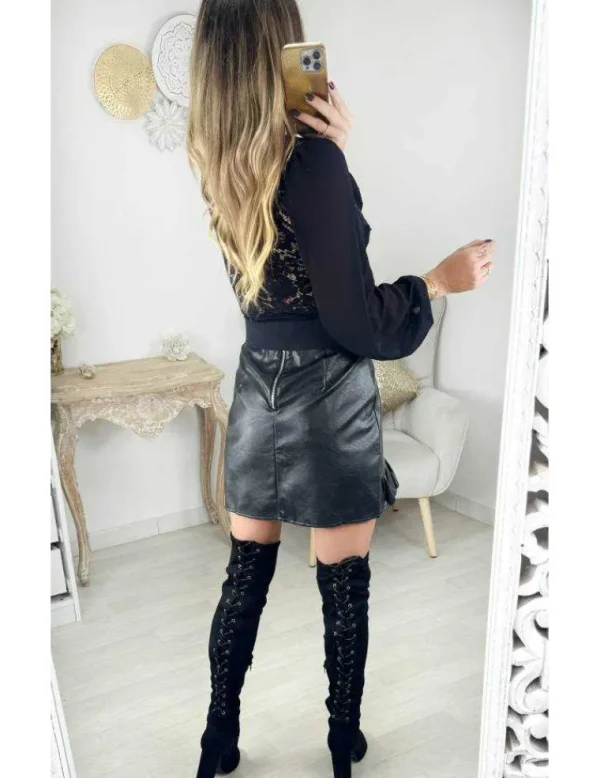 My Look Féminin Jupe noir style cuir et volant Discount