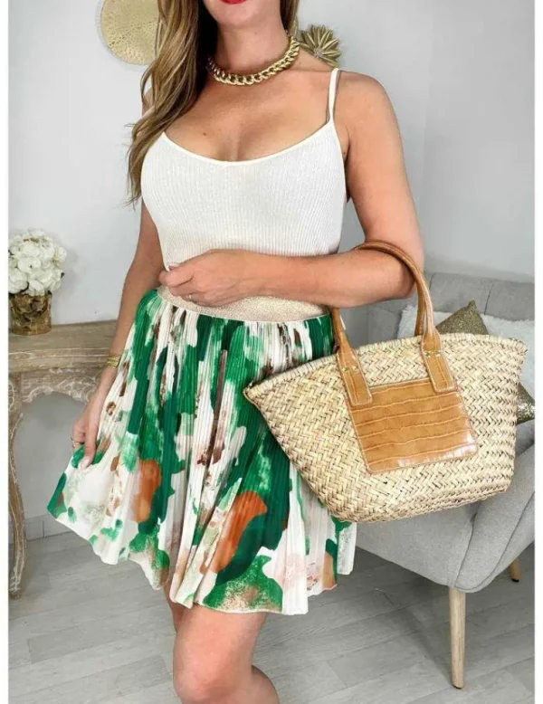 My Look Féminin Jupe plissée en voilage motif vert & beige Outlet