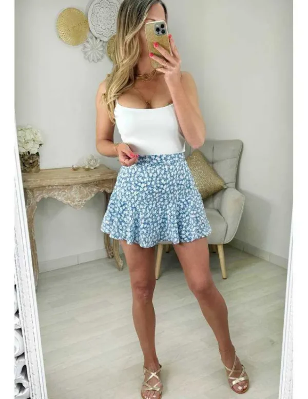My Look Féminin jupe short fluide fleurs bleues Clearance