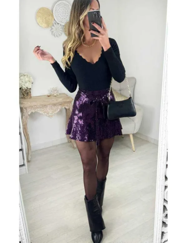 My Look Féminin Jupe short purple ceinture & sequins Hot