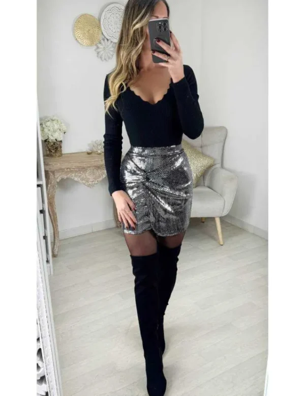 My Look Féminin Jupe silver sequins effet drapée Discount