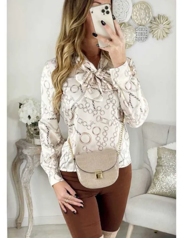 My Look Féminin Ma blouse beige imprimé couture "col lavallière" New