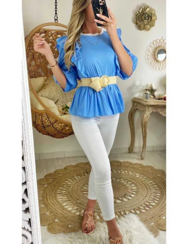My Look Féminin Ma blouse bleue en coton "joli volant" New