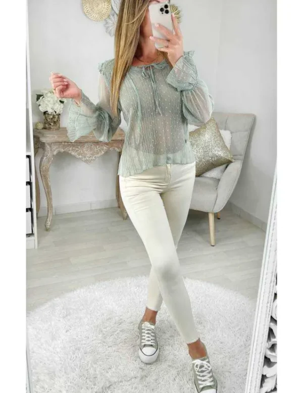 My Look Féminin Ma blouse vert amande "volants & plumetis" Online