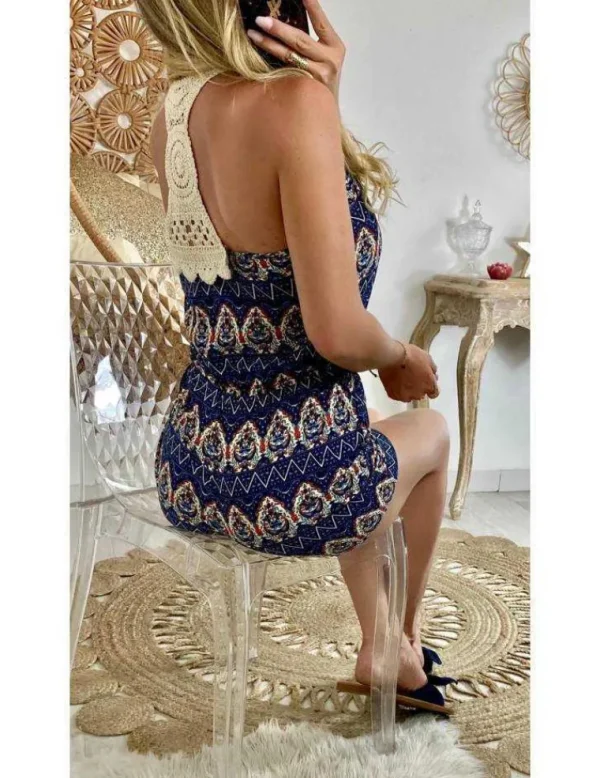 My Look Féminin Ma combi-short bleue imprimée "dos crochet" Sale
