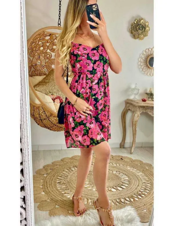 My Look Féminin Ma jolie robe ample dos échancré "jolies fleurs fuchsia" Hot