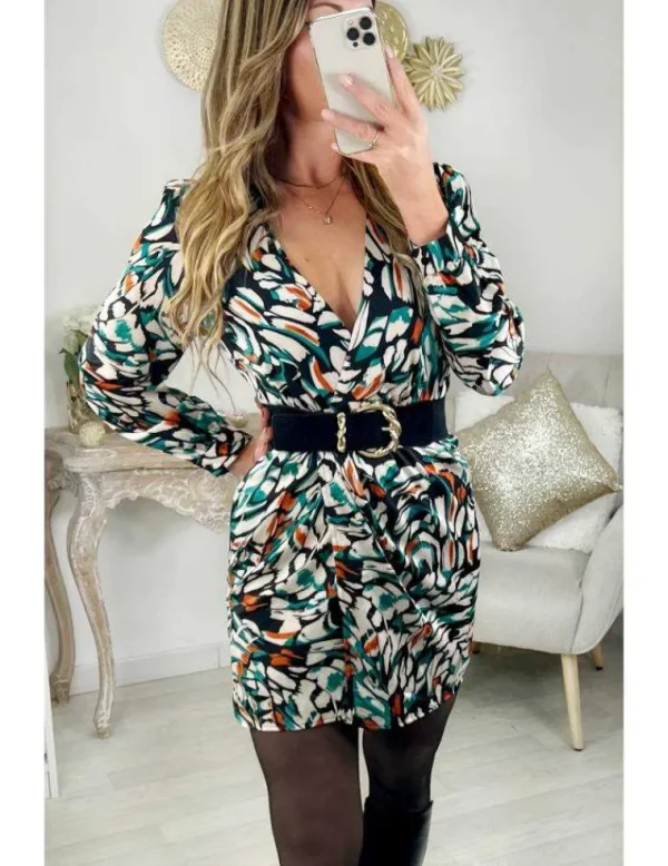 My Look Féminin Ma jolie robe portefeuille " green & orange print" Discount
