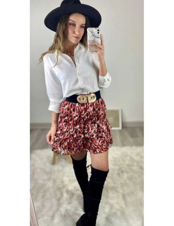 My Look Féminin Ma jupe bordeaux imprimée à volants "liserés Gold" Outlet