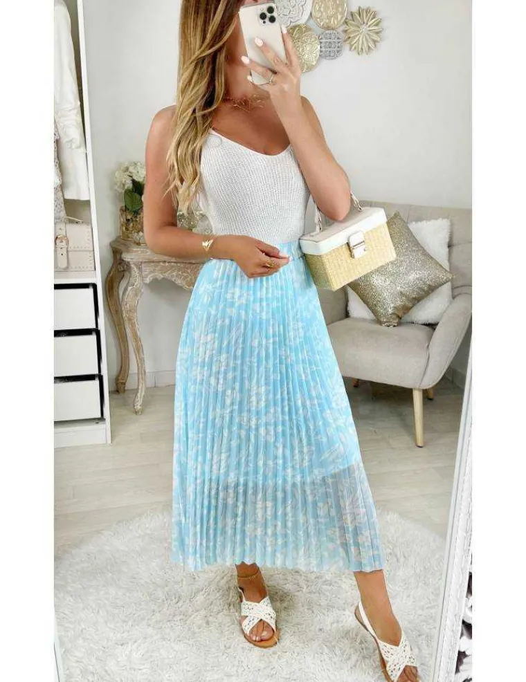 ma_jupe_plisse_bleu_ciel__0.webp My Look Féminin Ma jupe plissée bleu ciel "White Leafs" New