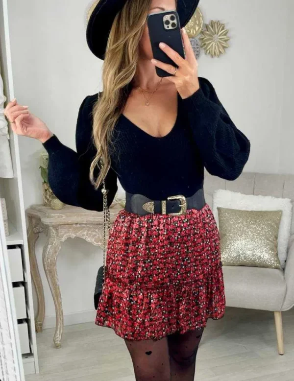 My Look Féminin Ma petite jupe volants & liserés gold "Red flowers" Best